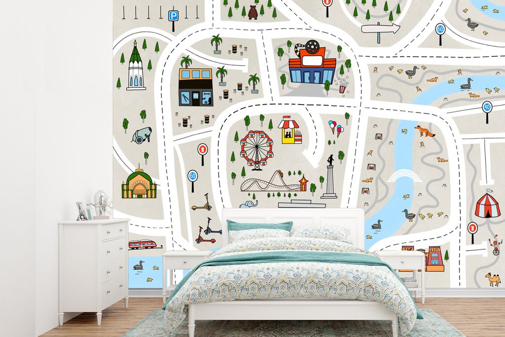MuchoWow Fototapete für Wohnzimmer oder Schlafzimmer Wandtapete Vinyl Motivtapete Kinder - Vergnügungspark - Palme - Straßen - 305x220 cm - Wa...