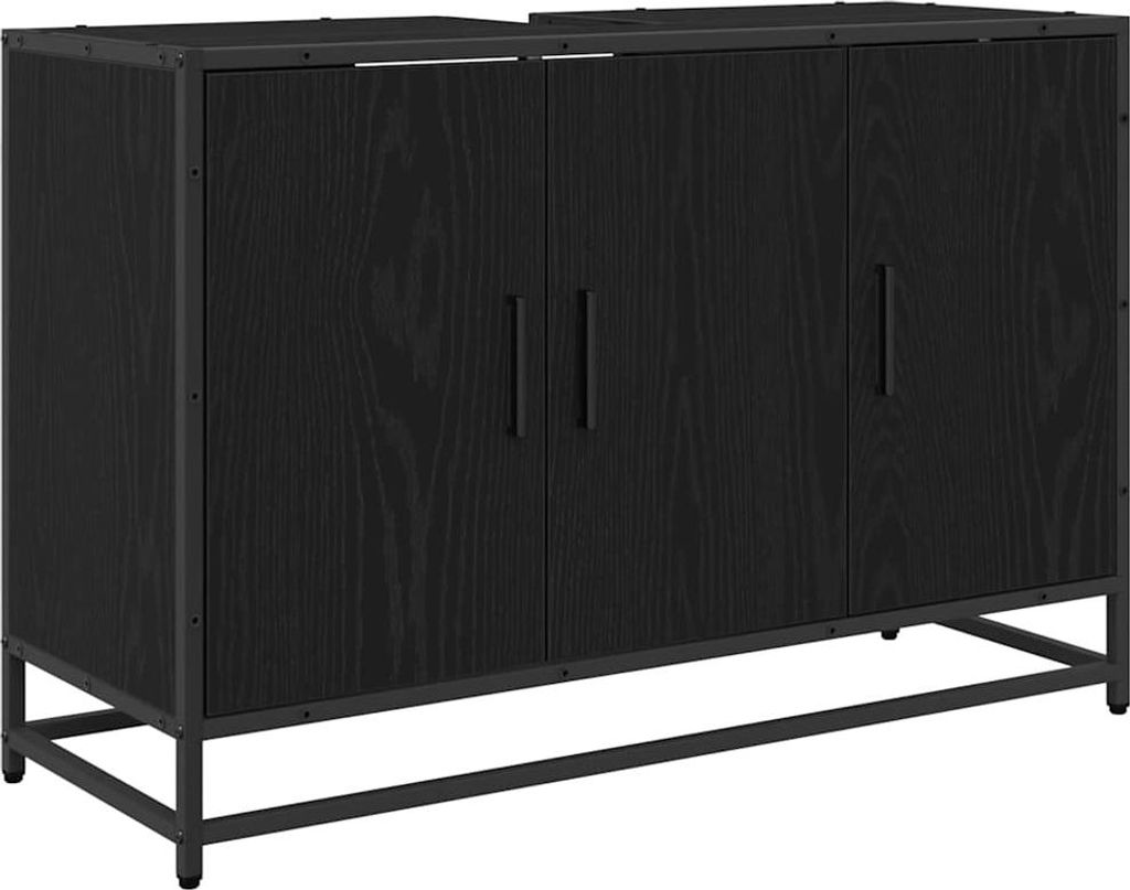 A black cabinet with three doors on a white background.