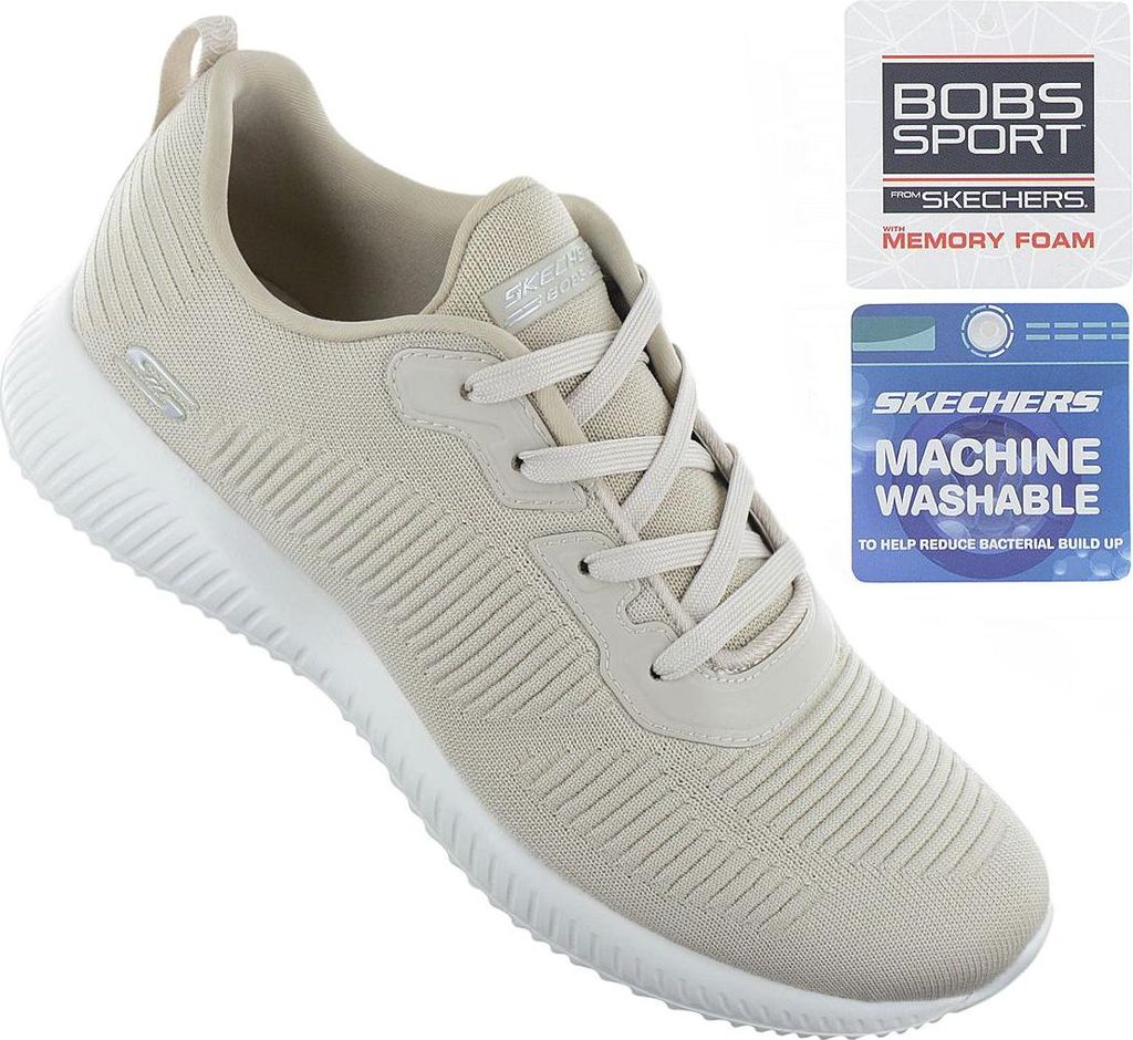 A beige Skechers Bobs Sport sneaker with white sole and laces, shown from a diagonal angle against a white background. Two informational graphics are present in the upper right corner.