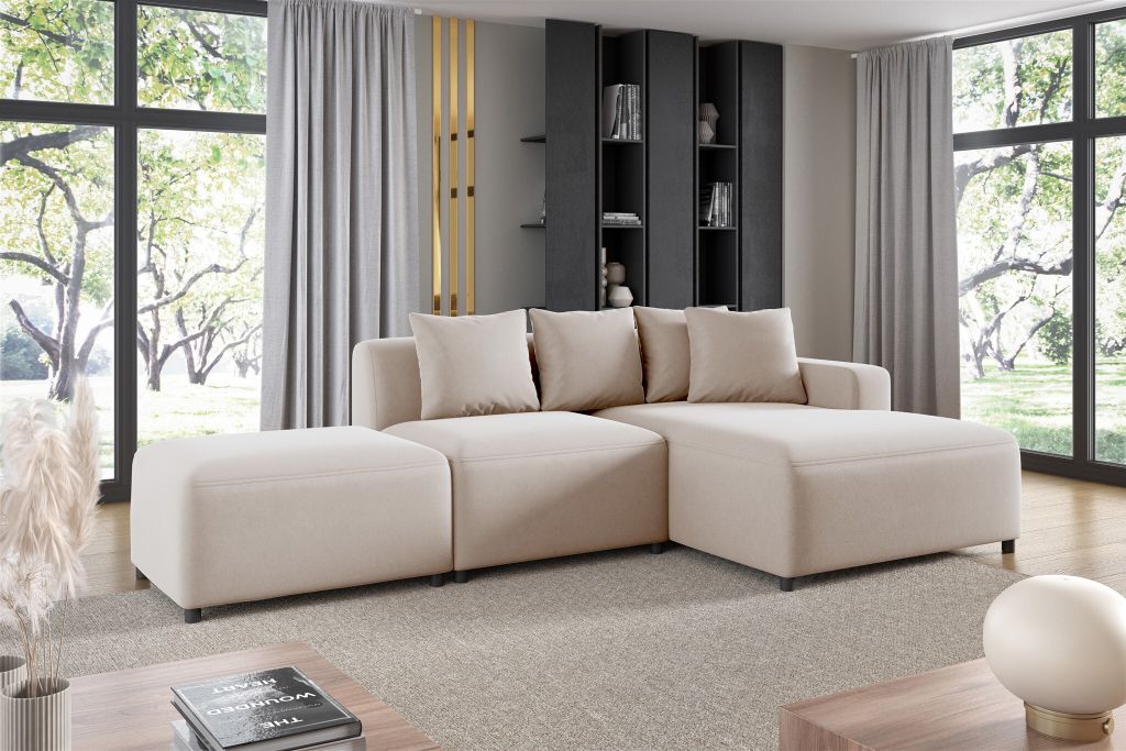 Ecksofa Designersofa MEGAN XS inkl. Hocker Stoff Salvador Hellbeige Ottomane Rechts