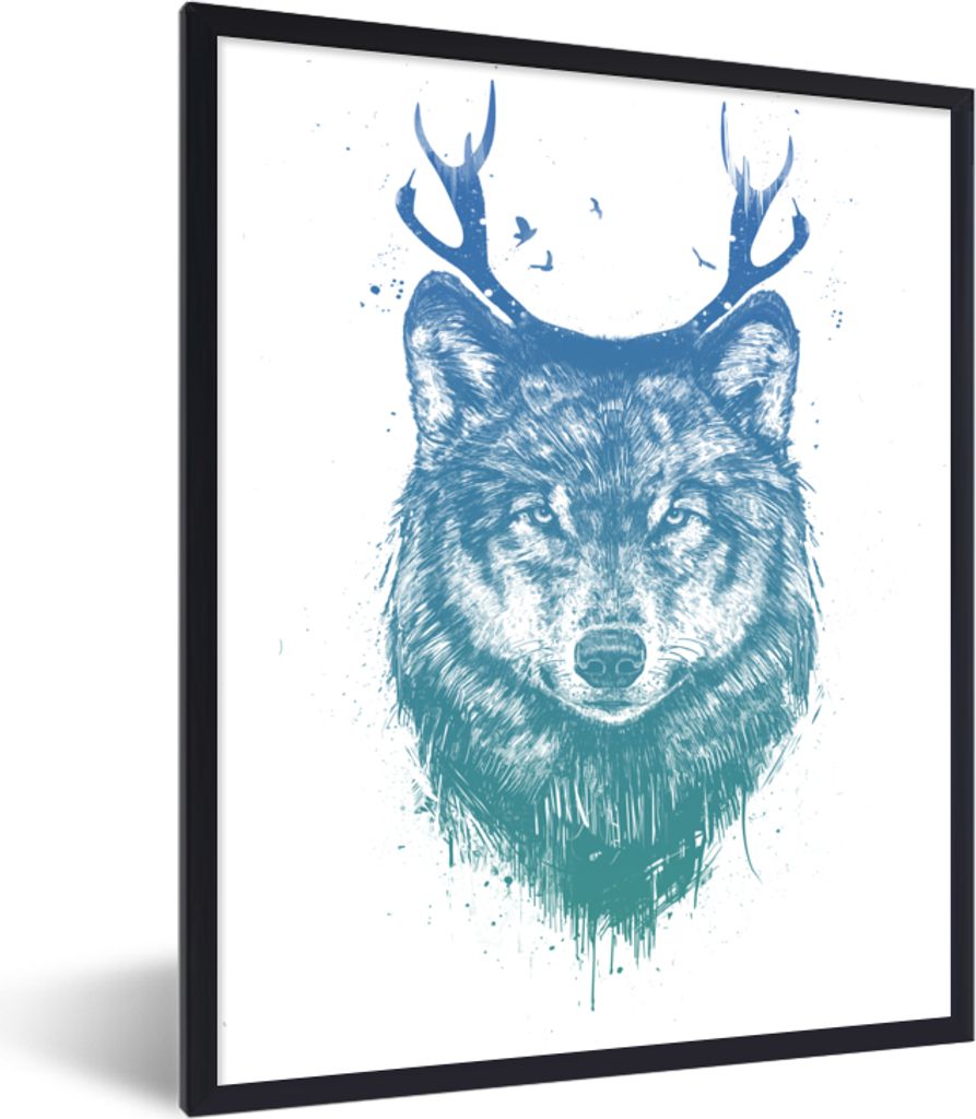 MuchoWow Gerahmtes Poster Wolf - Geweih - Weiß - Tiere 60x80 cm - Poster mit Schwarzem Bilderrahmen Wandposter Rahmen Foto Bilder - Premium - Wa...