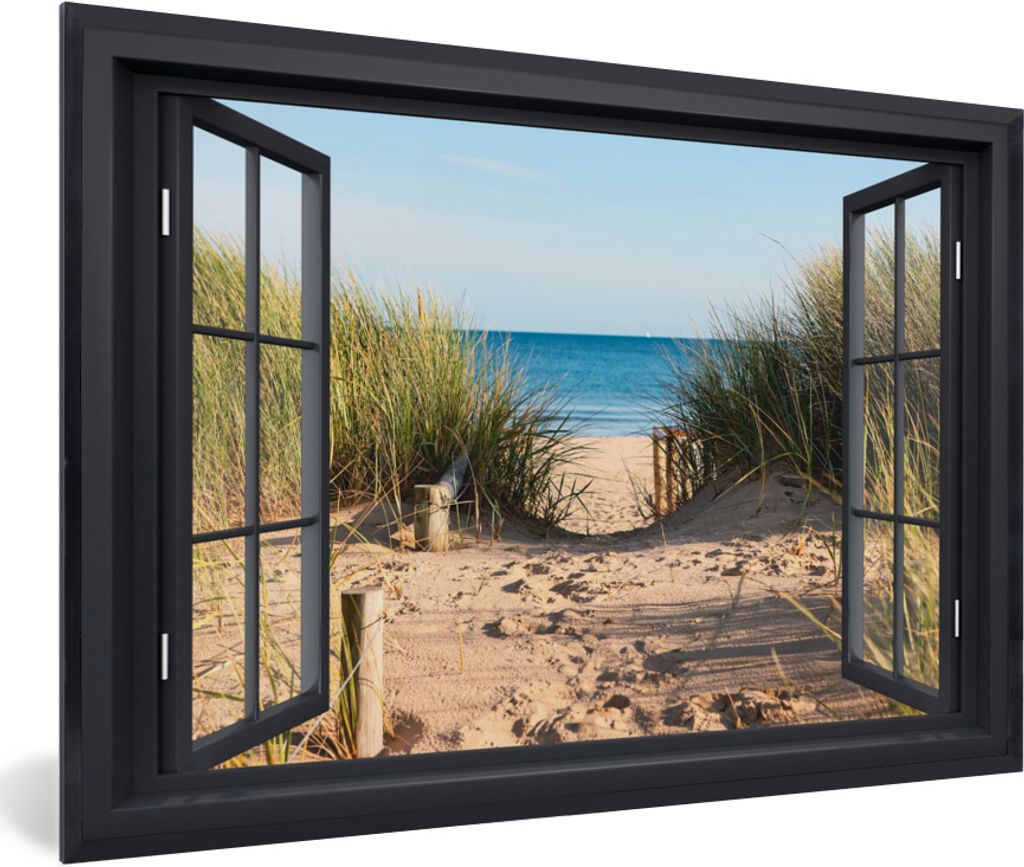 MuchoWow Gerahmtes Poster Durchblick - Strand - Meer - Sand - Wasser - Strandhafer - Dünen 60x40 cm - Poster mit Schwarzem Bilderrahmen Wandpost...