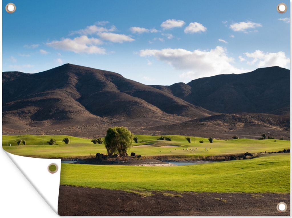 MuchoWow 80x60 cm Outdoor-Poster Gartendeko Sichtschutz Garten Poster für den Garten Schwarze Berge für eine grüne Natur Fuerteventuras