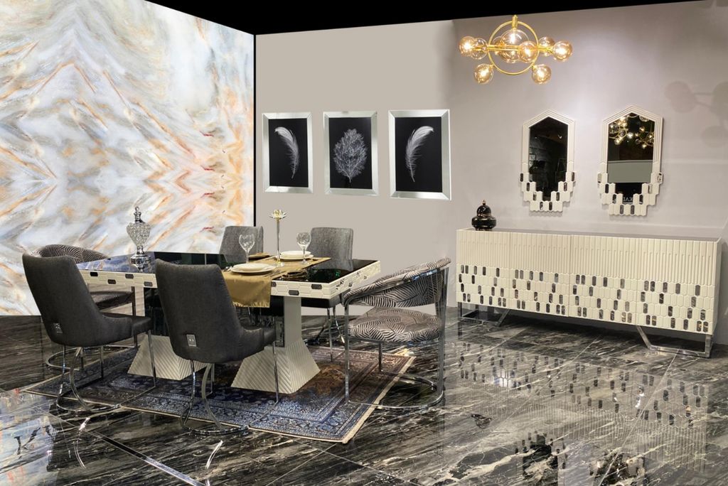 Esszimmer Set Luxus Design Esstische 4x Stühle Kommode mit Spiegel Neu