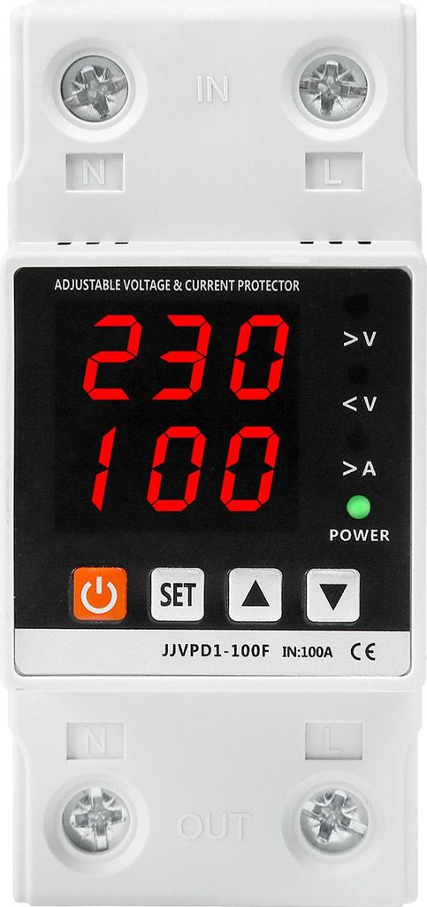 2P 100A einstellbares Überspannungs- und Unterspannungsschutzrelais mit Überstromschutz und LED Digitalanzeige, 230V