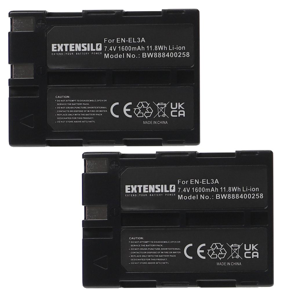 EXTENSILO 2x Akku Ersatz für Nikon EN-EL3, EN-EL3a für Kamera (1600 mAh, 7,4 V, Li-Ion)