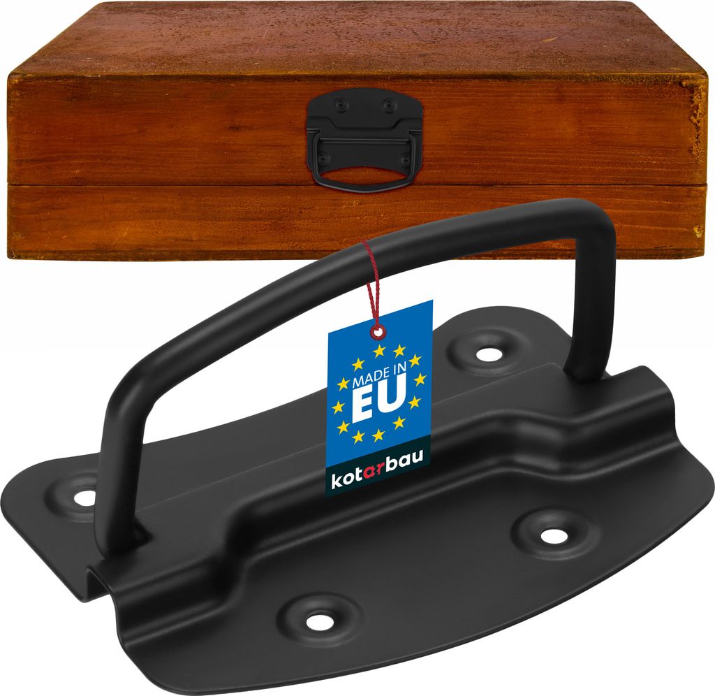 A wooden box and a black metal handle are shown against a white background.