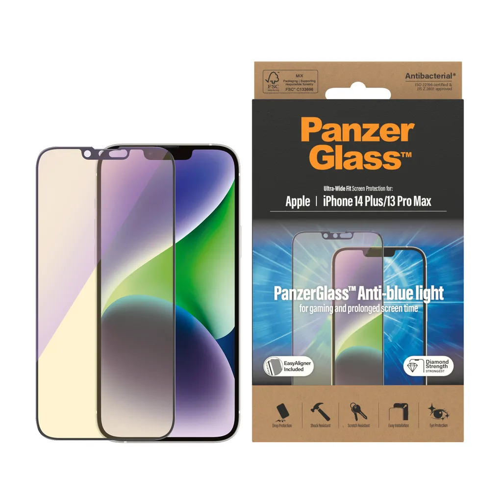 Panzerglass Vetro temperato antibatterico ultra largo con filtro luce blu e posizionatore per Iphone 14 Plus / 13 Pro Max