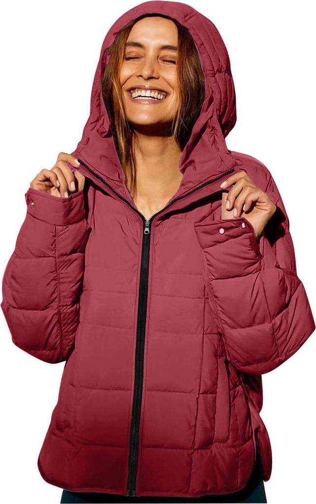 ASKSA Damen Steppjacke Leicht Kurz Kapuze Wintermantel Daunenjacke Jacke Laessig Outdoorjacke mit Taschen (Weinrot,XXL)