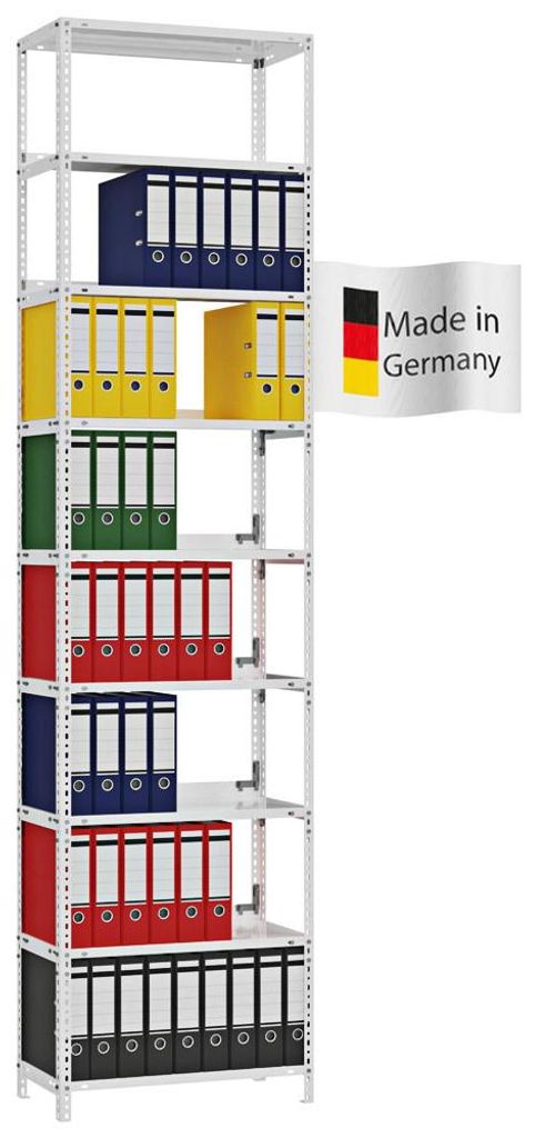 PROREGAL Aktenregal Schraubsystem MAGNUS Germany | HxBxT 290x75x30cm | 9 Ebenen | Fachlast 60kg | Einseitig nutzbar | Lichtgrau