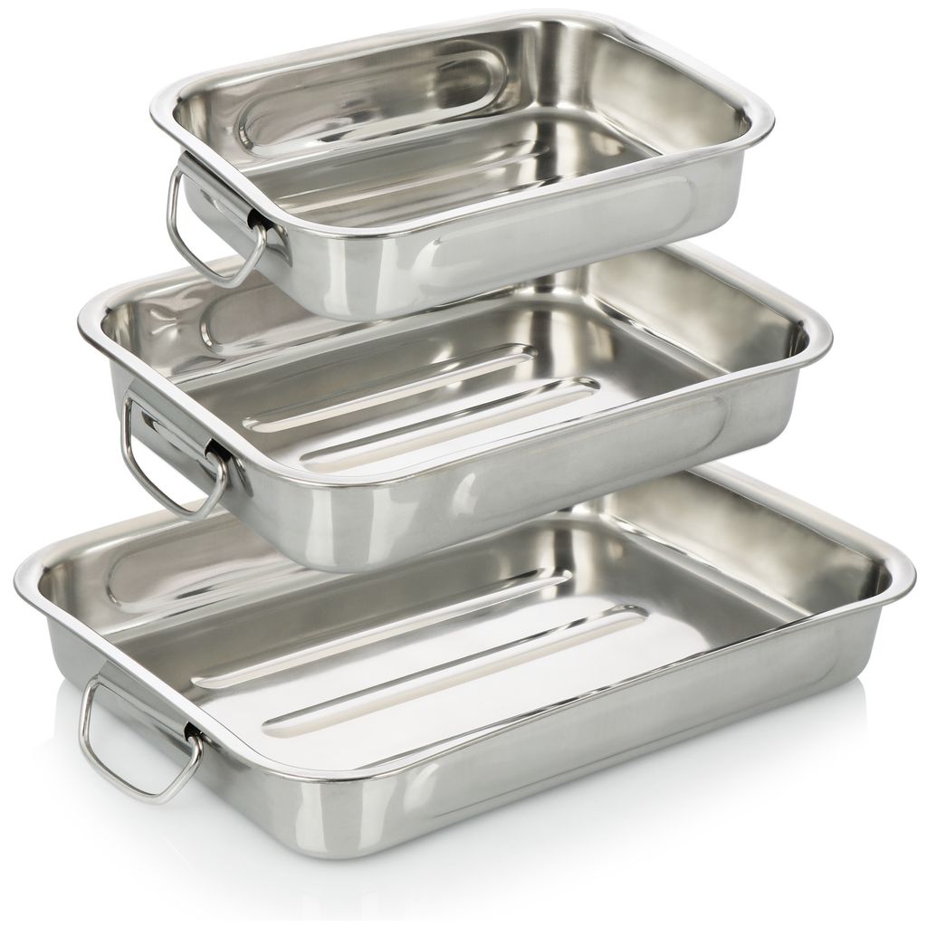 COM-FOUR 3-teiliges Braten- und Backform-Set - Edelstahl Bräter mit Haltegriffen - Auflaufform Edelstahl zum Kochen und Backen - Ofenform