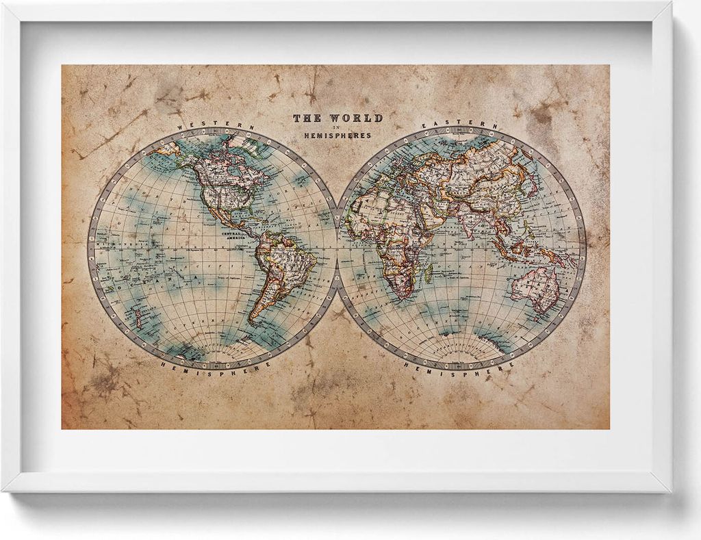 Alte Weltkarte– Wandbild mit Rahmen – Gerahmtes Bild – Wanddekoration – 70x50 cm – Weiß Rahmen