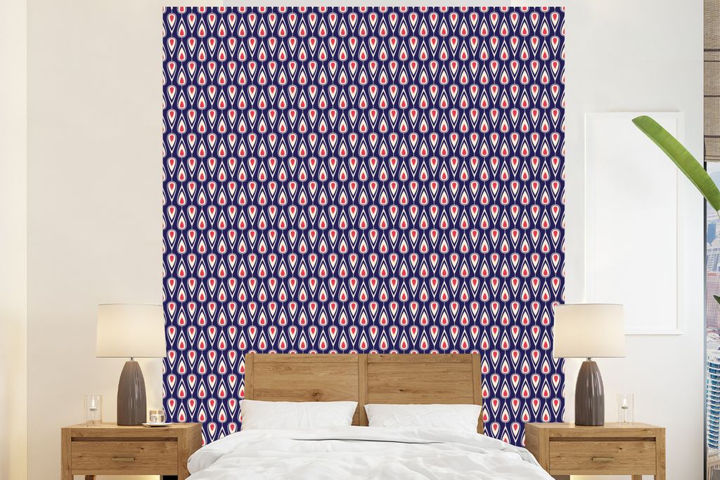 MuchoWow Fototapete für Wohnzimmer oder Schlafzimmer Wandtapete Vinyl Motivtapete Muster - Vintage - Blau - Rot - 195x240 cm - Gemusterte