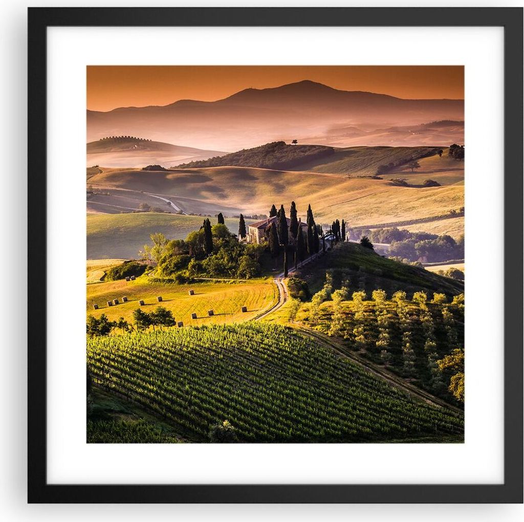 Gerahmtes Poster - Schwarzer Rahmen - Landwirtschaft Bauernhof Toskana Weinberg - 40x40 cm - Wand Bild - Wanddeko - Wandbilder - Wandposter - Bilde...