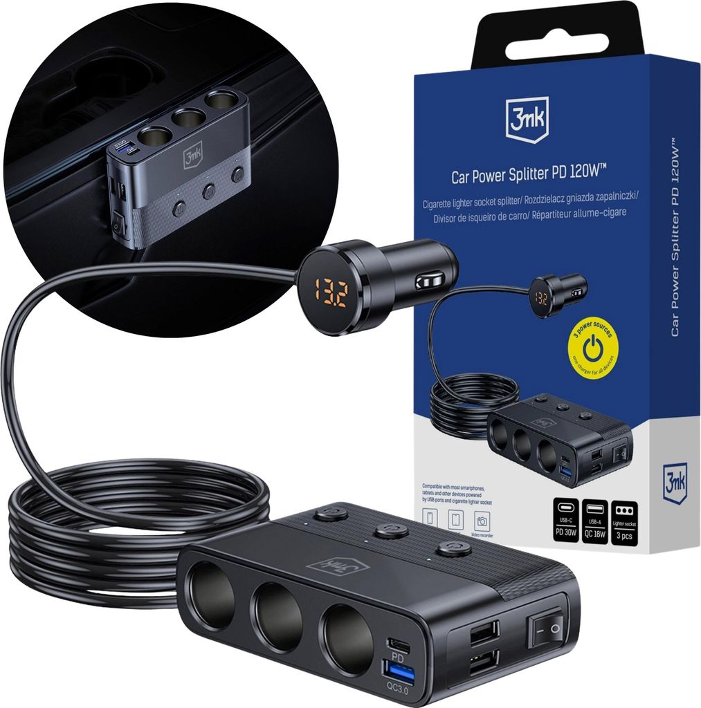 Autoladegerät für bis zu 7 Geräte mit LED-Panel und Voltmeter – 3mk Car Power Splitter 120W PD QC PPS USB-C & USB-A