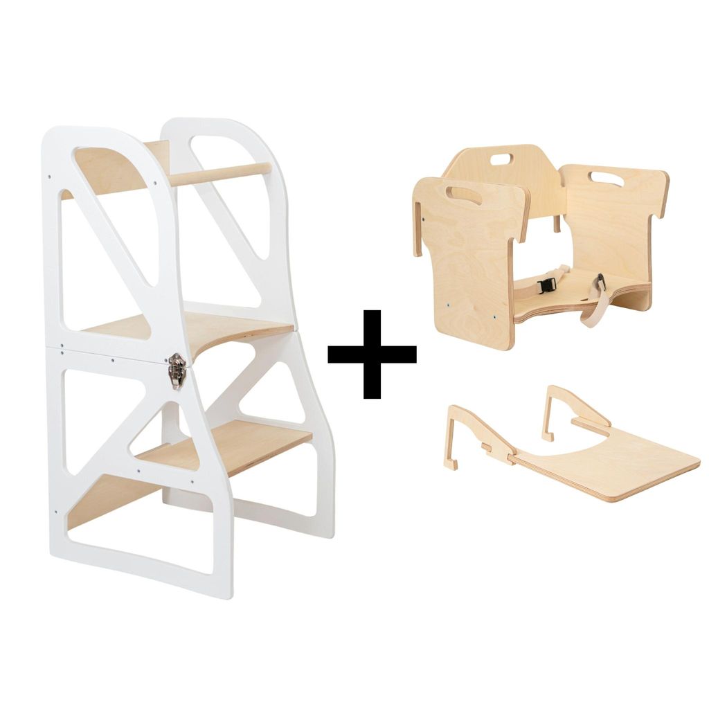leg&go Verstellbarer Lernturm 2-in-1 Securestep Set – Montessori Lernturm mit Fütterungsstuhl & Tisch, Weiß