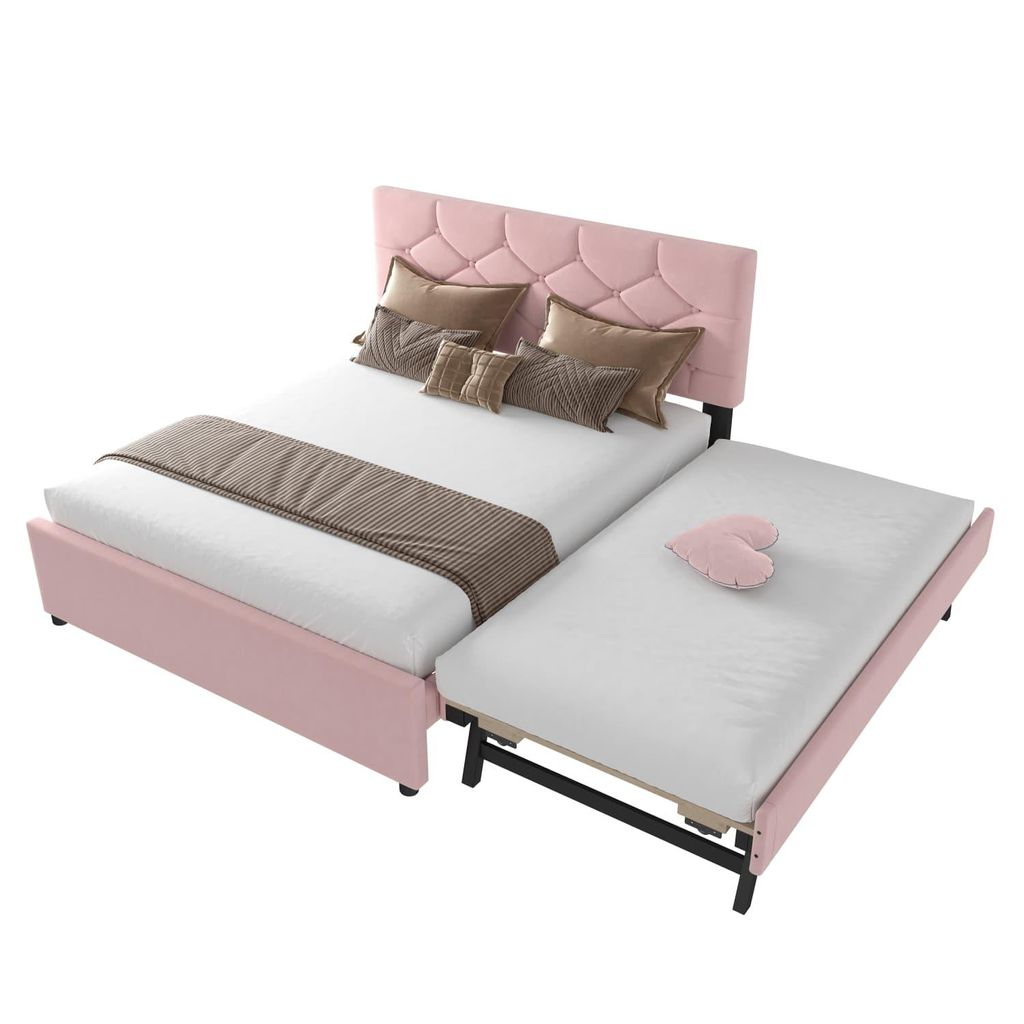 Polsterbett,Hausbett,Doppelbett(Rosa,140x200cm)Bett mit Lattenrost (ohne Matratze), Bett mit Rollcontainer, Samt, Minimalistisch