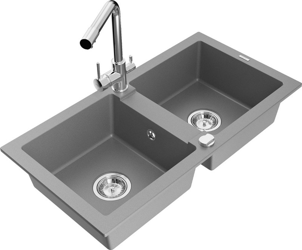 Mexen Mario 2-Becken-Granitspüle mit Mischbatterie Duero, Grau - 6504-71-671600-00