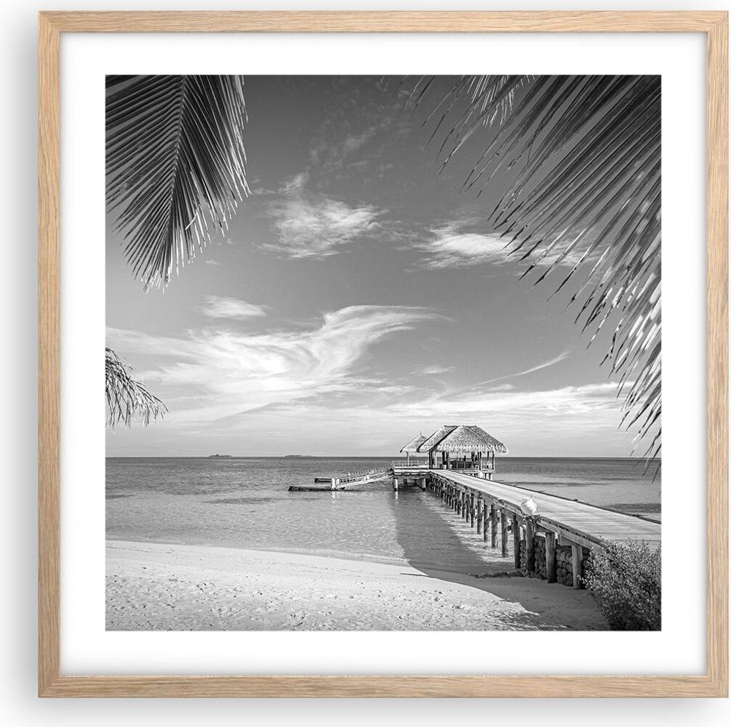 Gerahmtes Poster - Rahmen in heller Eiche - Himmlisch Strand Monochrom - 50x50 cm - Wand Bild - Wanddeko - Wandbilder - Kunstposter - Wandposter - ...