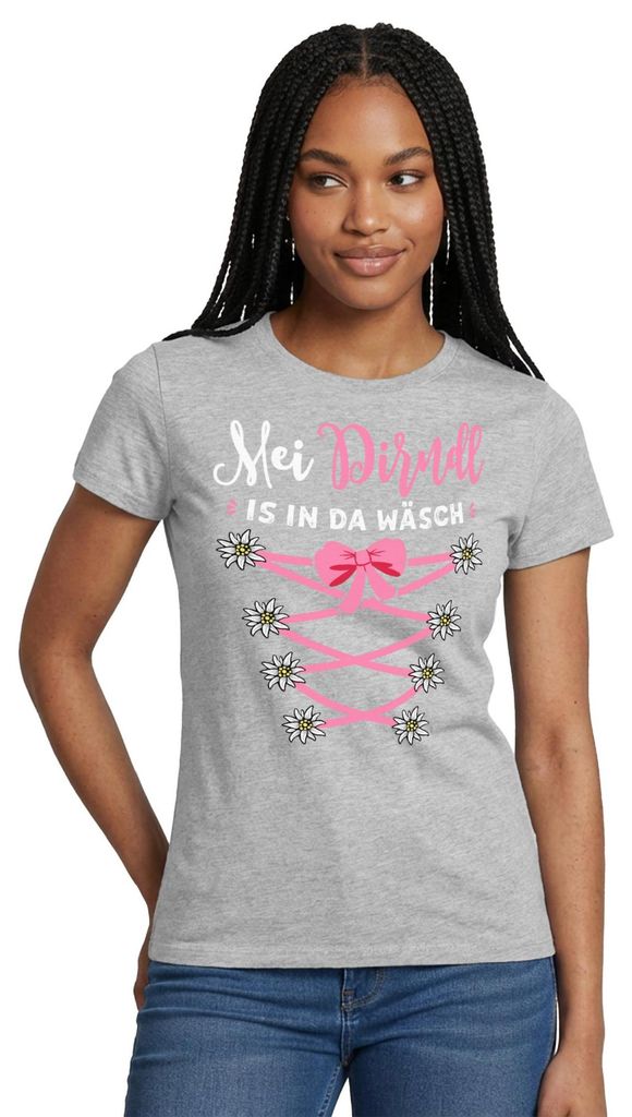 Spreadshirt Dirndl Spruch Mit Blumen Und Bindeoptik Frauen T-Shirt, M, Grau meliert