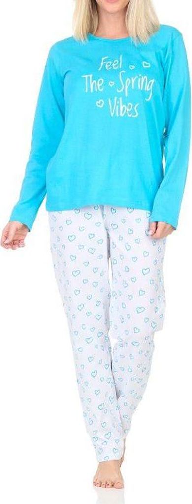 Normann Damen Schlafanzug langarm, Pyjama Hose in Herz Optik ; hellblau , 48