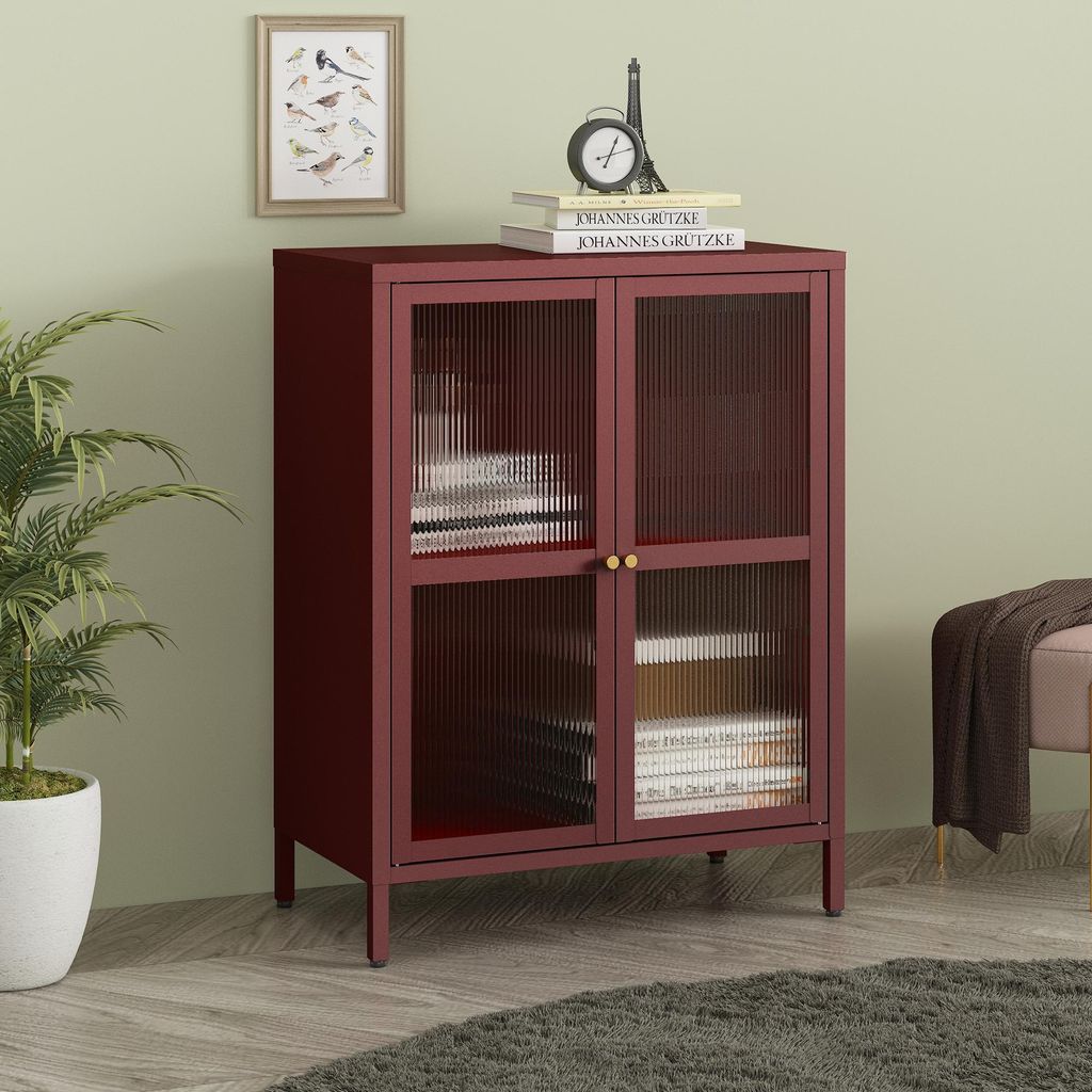 A burgundy sideboard with glass doors is shown in a room with a plant and a stool.