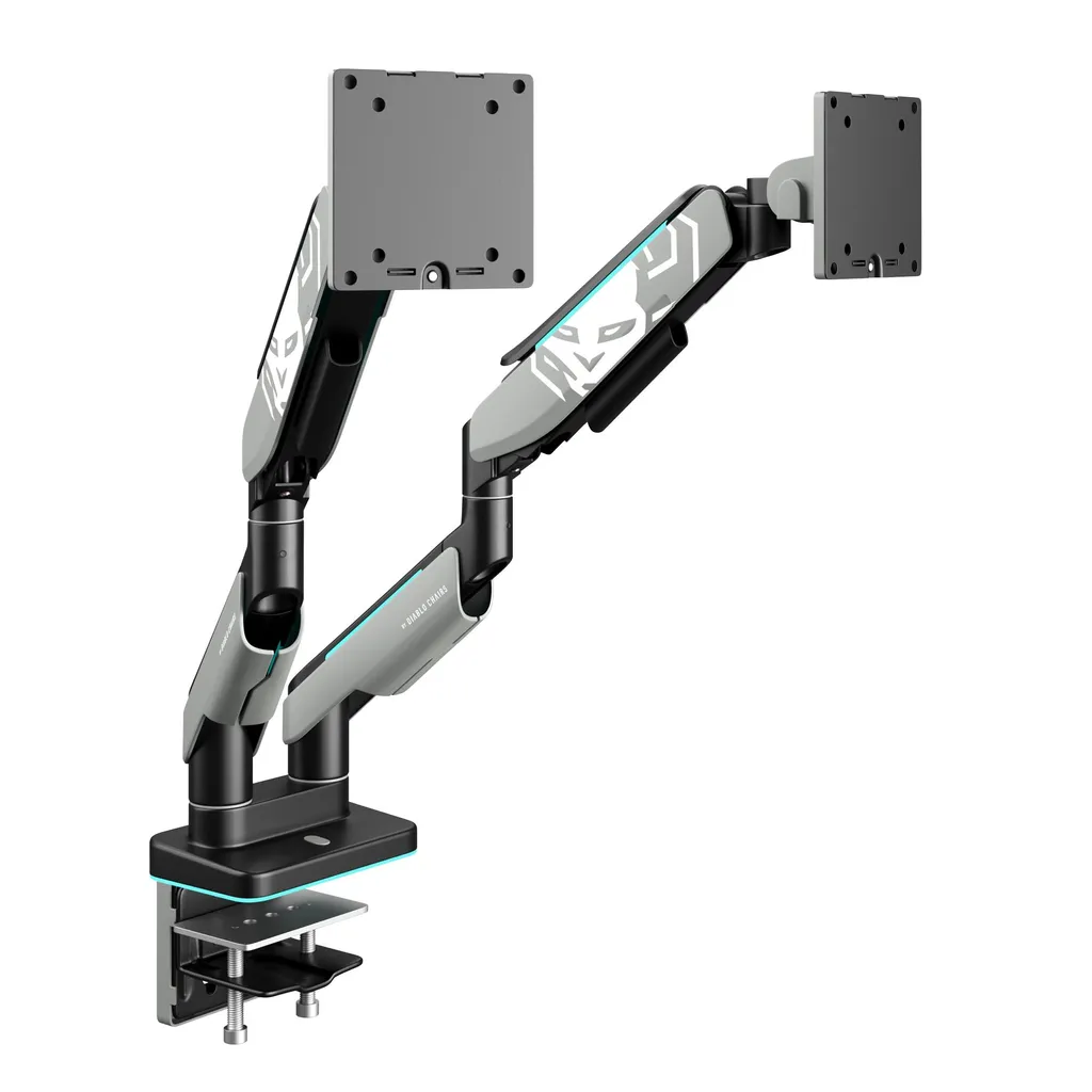 Support Écran PC Double Bras Articulé RGB Gris pour Gaming et Bureautique