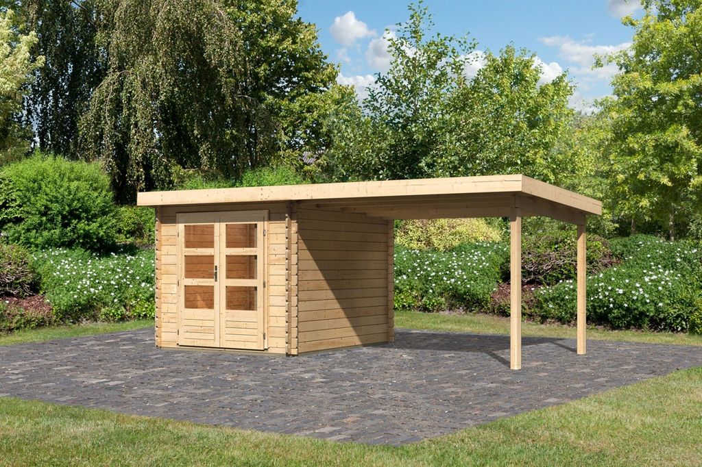 Gartenhaus Blockbohlenhaus Gerätehaus Bastrup 4 im Set mit Anbaudach 3 m breit naturbelassen 519x297x222 cm