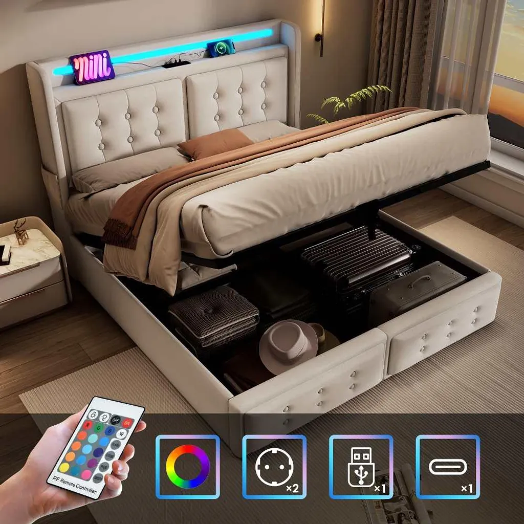 Lit 160x200 beige tout confort avec port USB-C pour chambre connectée