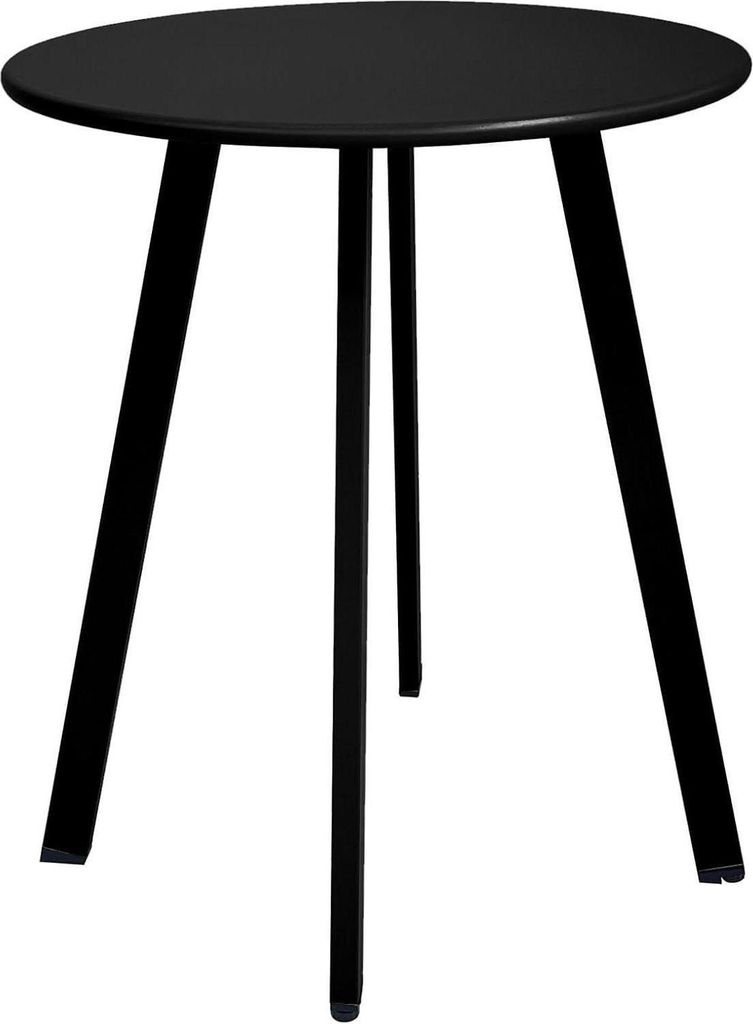 A black round table with three legs on a white background.