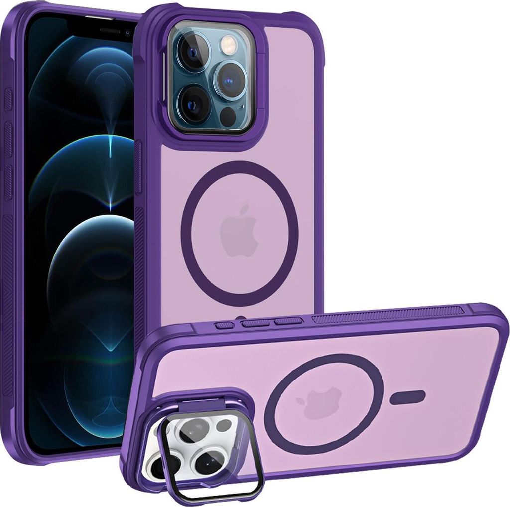 Conie MagSafe Schutzhülle für iPhone 12 Pro Hard Case Kunststoff Kamera Schutz Cover Hülle magnetisch mit Ständer in Lila