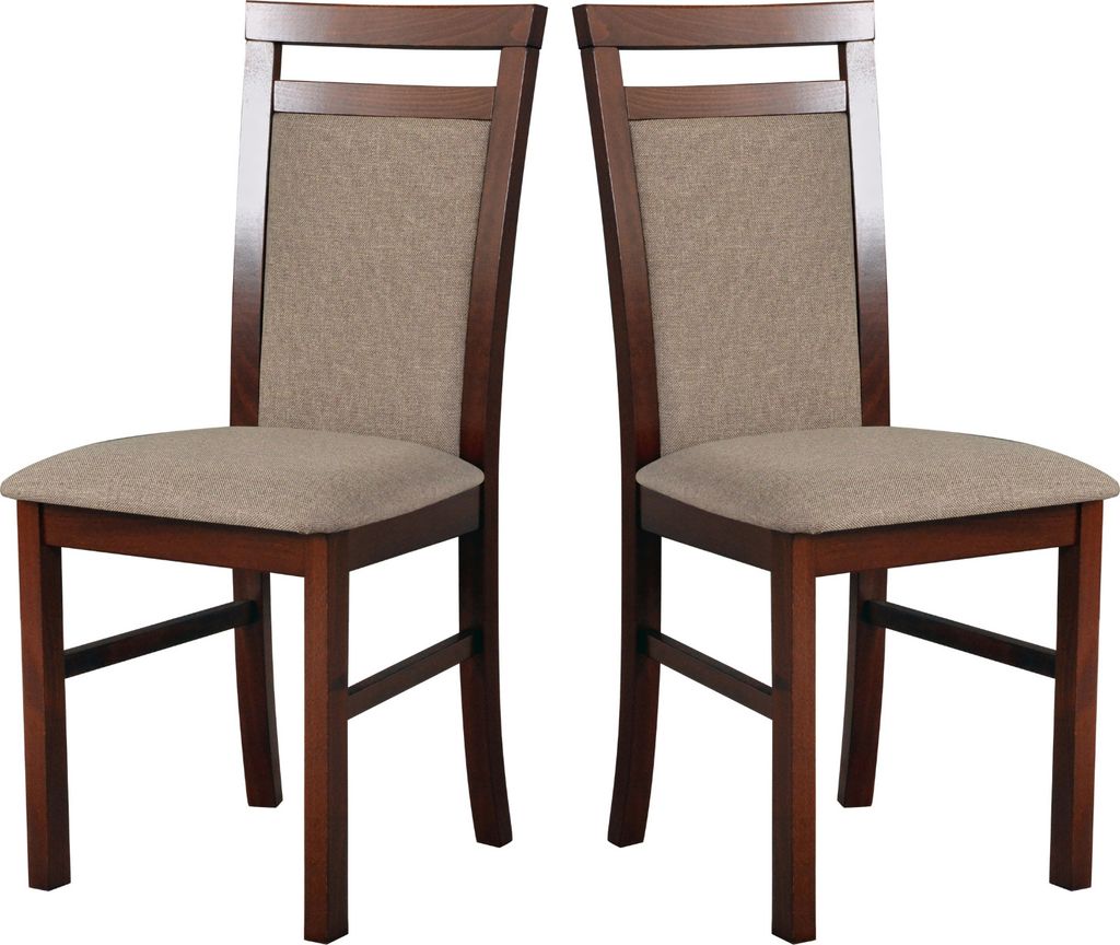 Two dining chairs are shown against a white background.