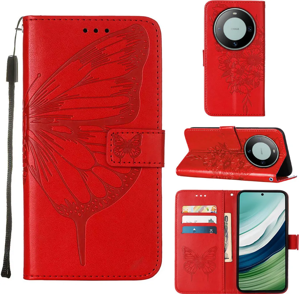 Cover Huawei Mate 60 Portafoglio Rosso - Farfalla 3D Leather Case