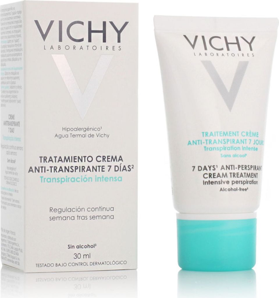 A box and tube of Vichy 7 Days Anti-Perspirant Cream Treatment are displayed against a white background.