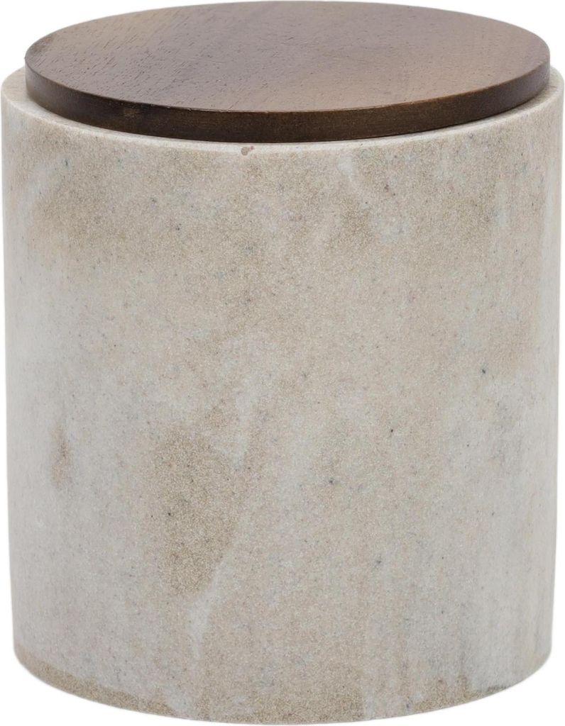 A close-up studio shot of a beige marble container with a dark wood lid.
