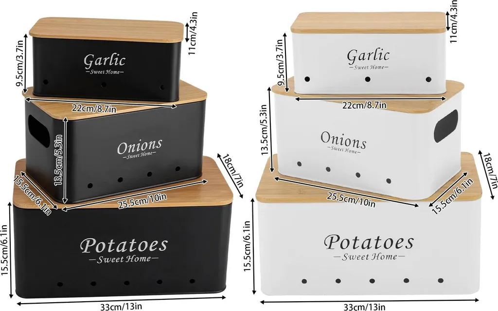 Set de 3 boîtes de rangement oignons ail pommes de terre blanc métal - 7