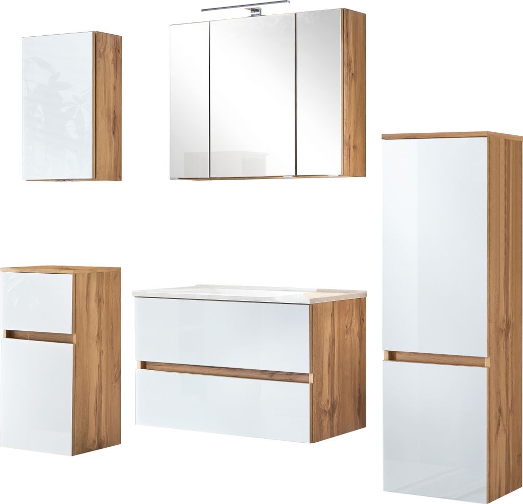 Waschtisch-Set Badezimmer-Set Bad-Set Badezimmer "Oulu VI" Wotan-Eiche, Weiß