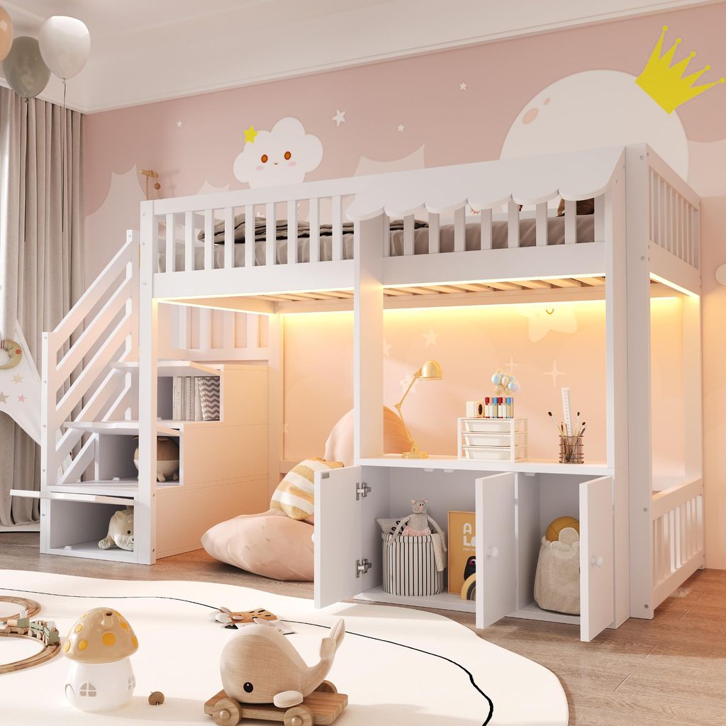 A child's bedroom with a white bunk bed, decorated with clouds and a moon.