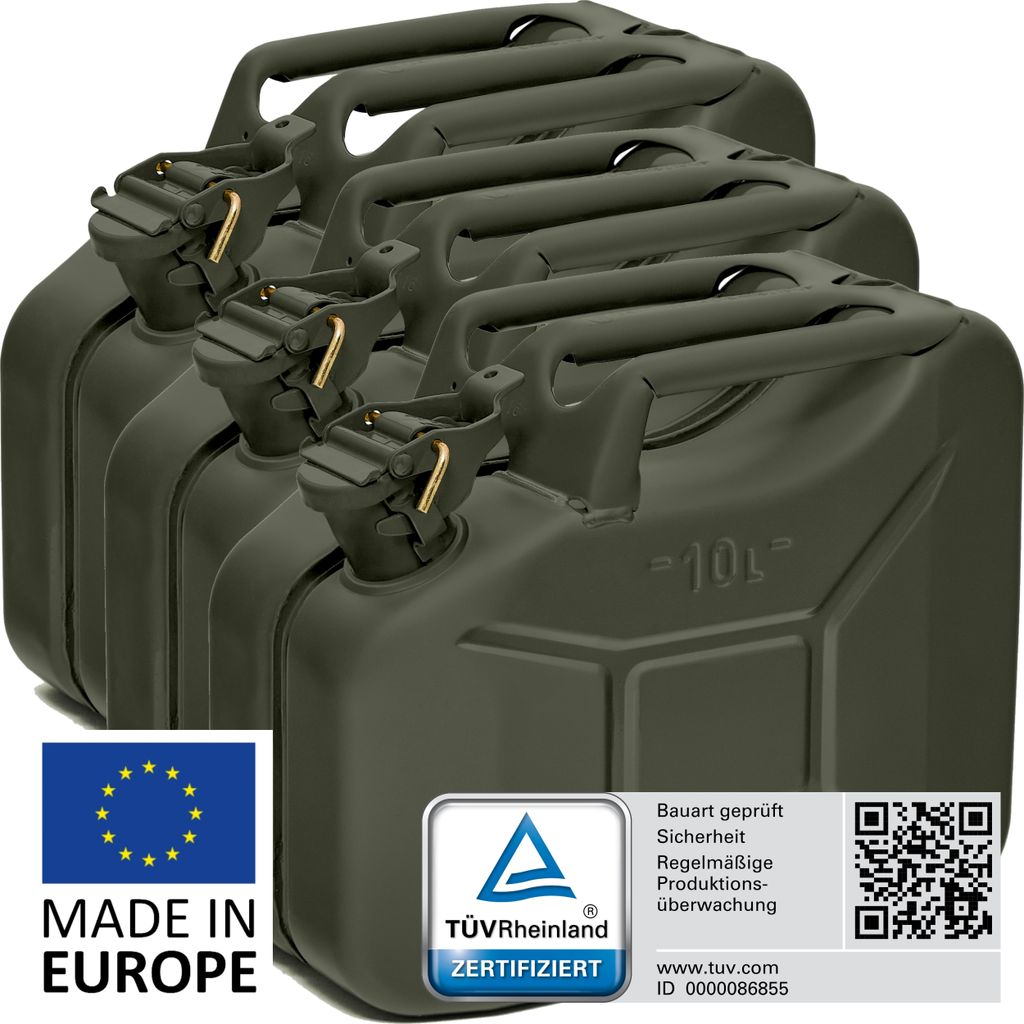 BW Kraftstoffkanister Metall Benzinkanister 3x 10 Liter - Bronzegrün RAL 6031-F9 - UN-Zulassung - Hergestellt in Europa
