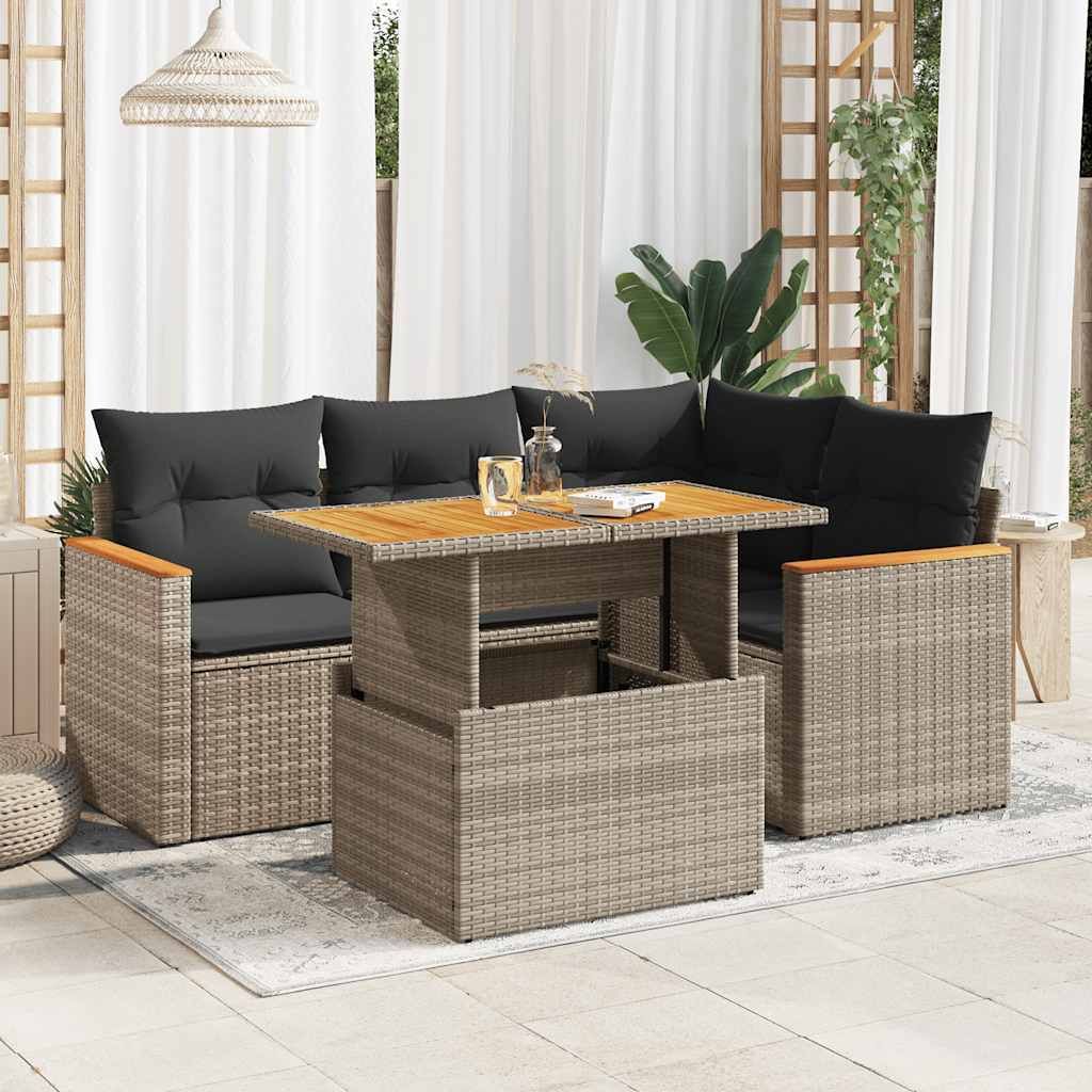 CLORIS 5-tlg. Garten-Sofagarnitur mit Kissen Grau Poly Rattan Akazie - Gartenmöbelgarnituren 647