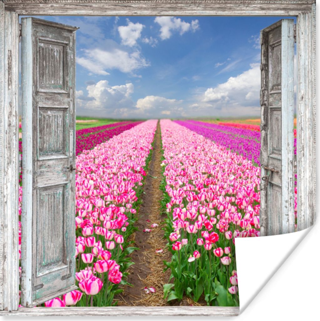 MuchoWow Poster Blumen - Tulpen - Ansicht - Regenbogen 100x100 cm - Babyzimmer