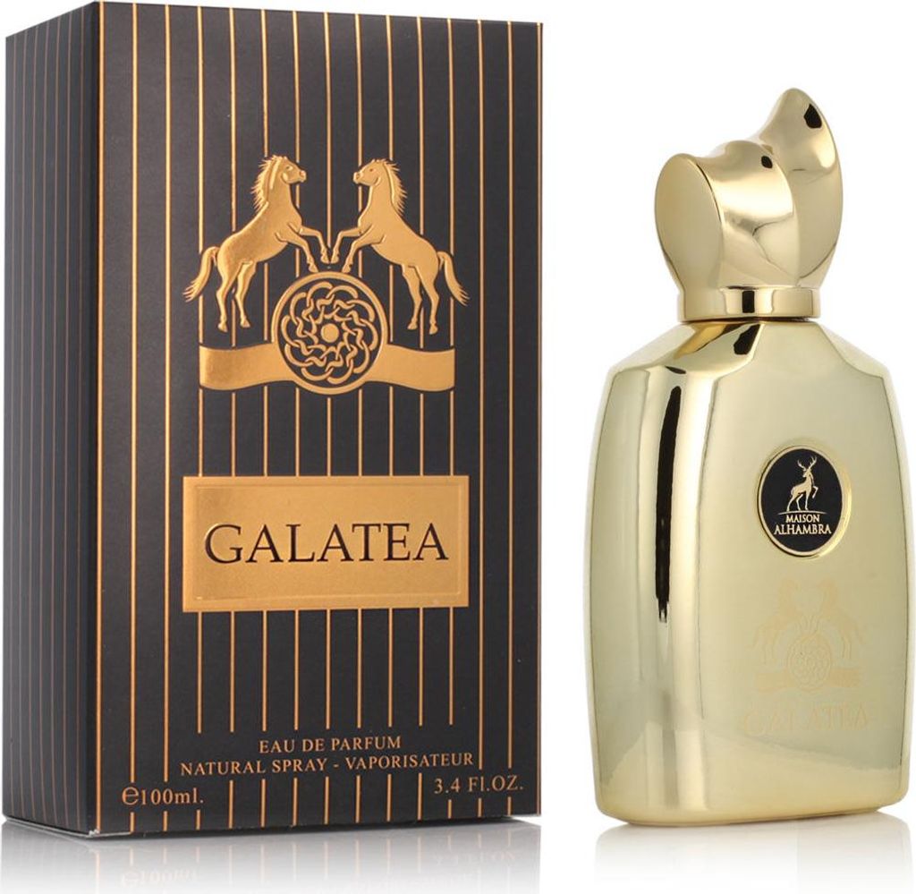 A perfume bottle and its packaging are displayed against a white background.