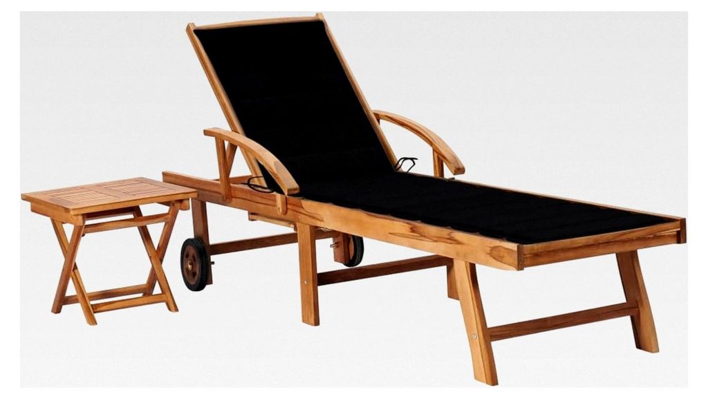 Sonnenliege mit Tisch und Auflage für Garten, Balkon und Terrasse aus massivem Teakholz in Schwarz