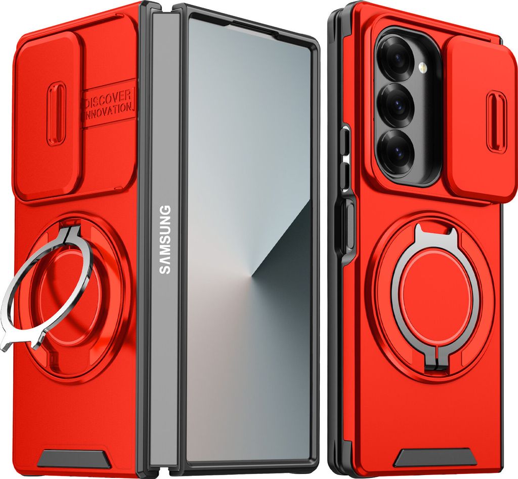 Handyhülle für Samsung Galaxy Z Fold6 Dual-Layer Stoßfest Militär Hülle mit Dia Kameraschutz und Magnetisch Ring Ständer Rot