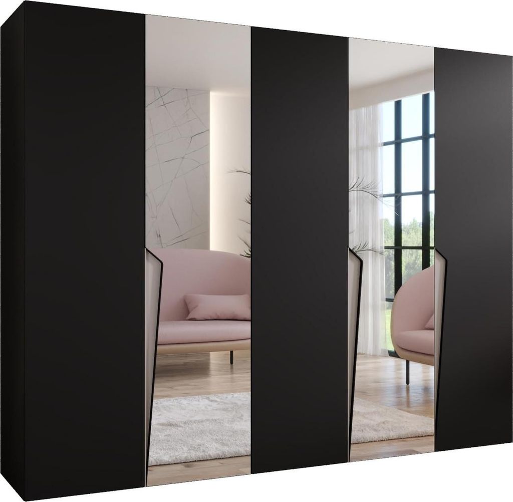 MEBLE KRYSPOL Schrank 250x202x52 cm mit Kleiderstange & Spiegel, 5xTür, PIANO, Schwarz, Griff Kaschmir