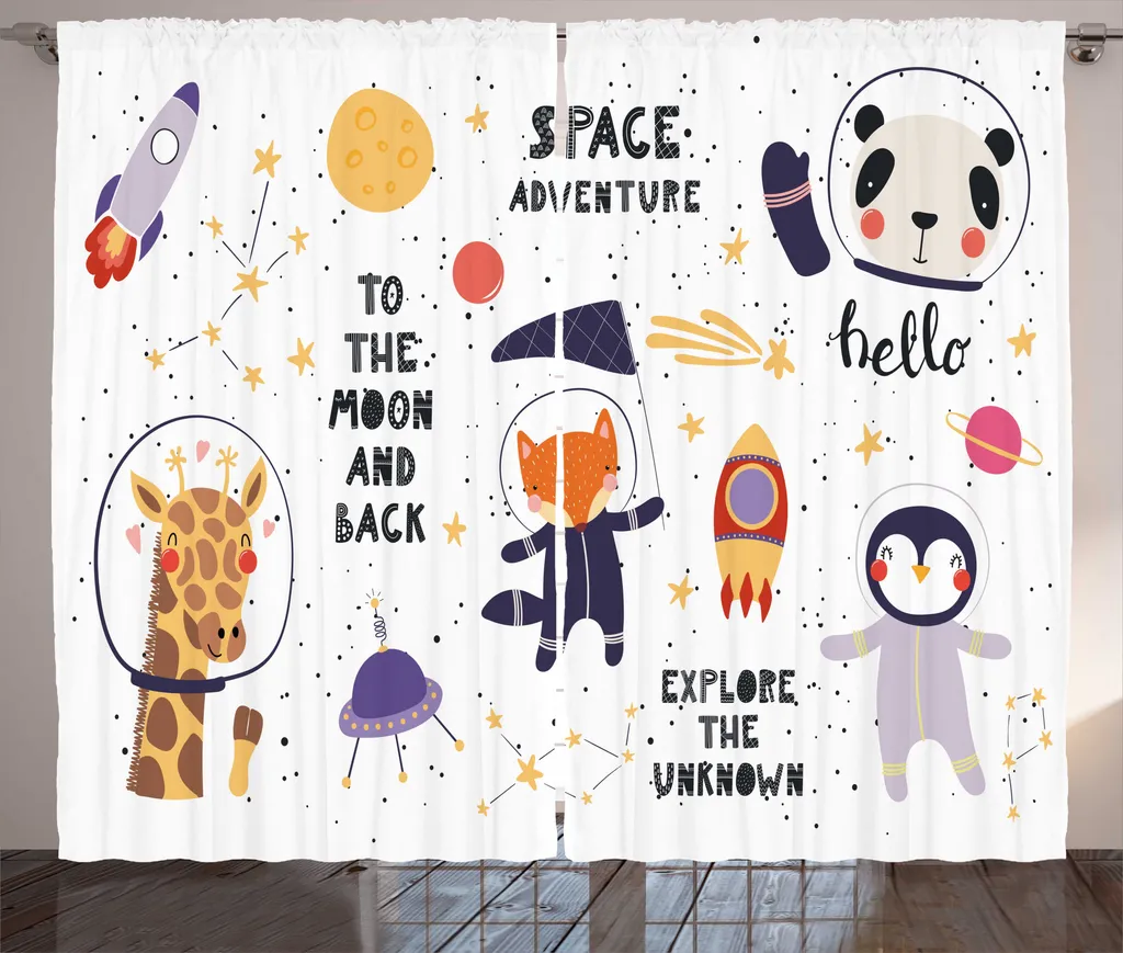 Rideau pour Chambre d'Enfant ou Salon, Thème Espace et Animaux Rigolos