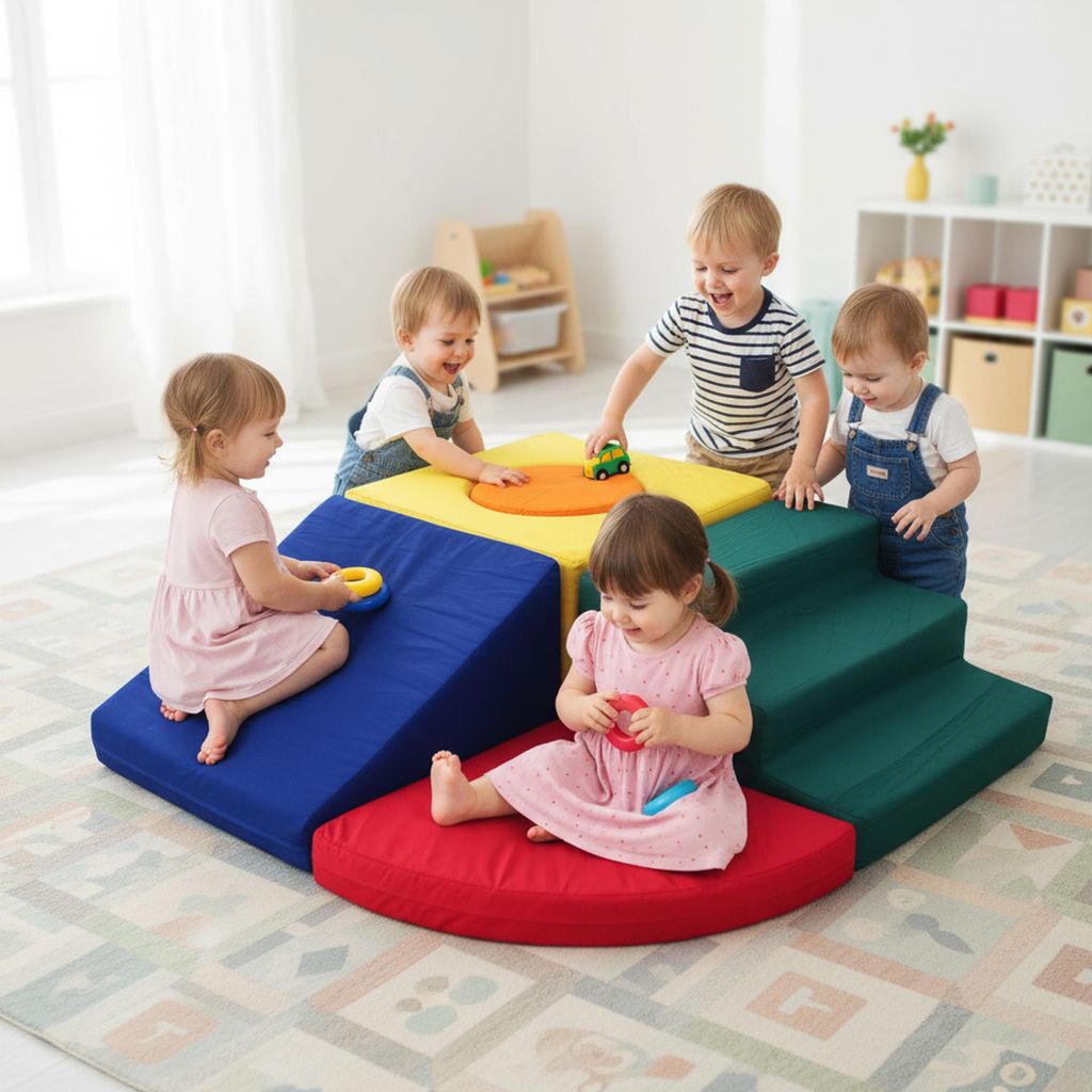 Schaumstoffbausteine Set 5-tlg. – Softbausteine Indoor Spielplatz – Samtiger Velours – Kletterbausteine & Riesenbausteine mit Rutsche & Tunnel