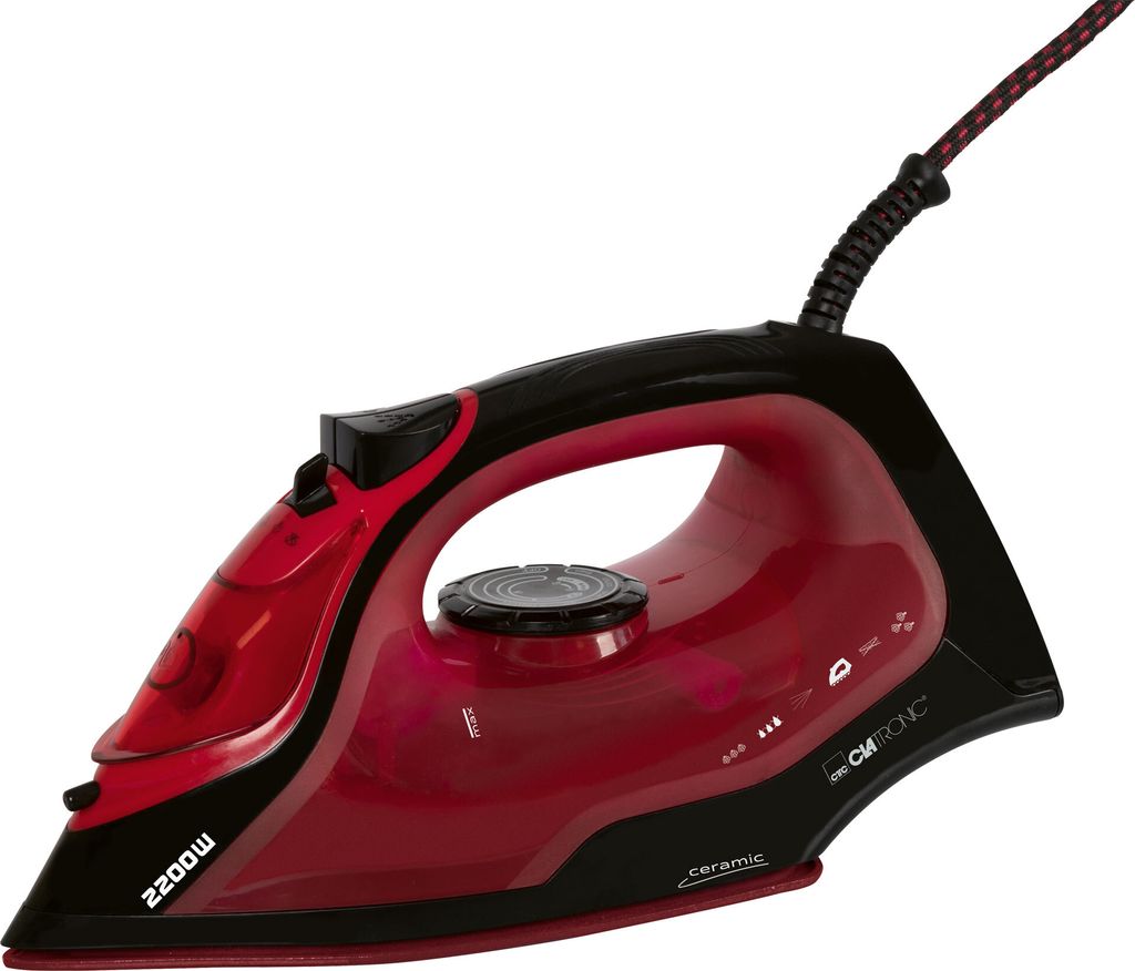 A red and black steam iron is shown against a white background.