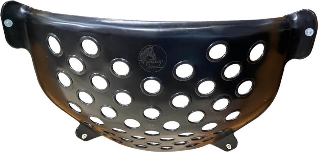 A black plastic hay feeder with many holes.