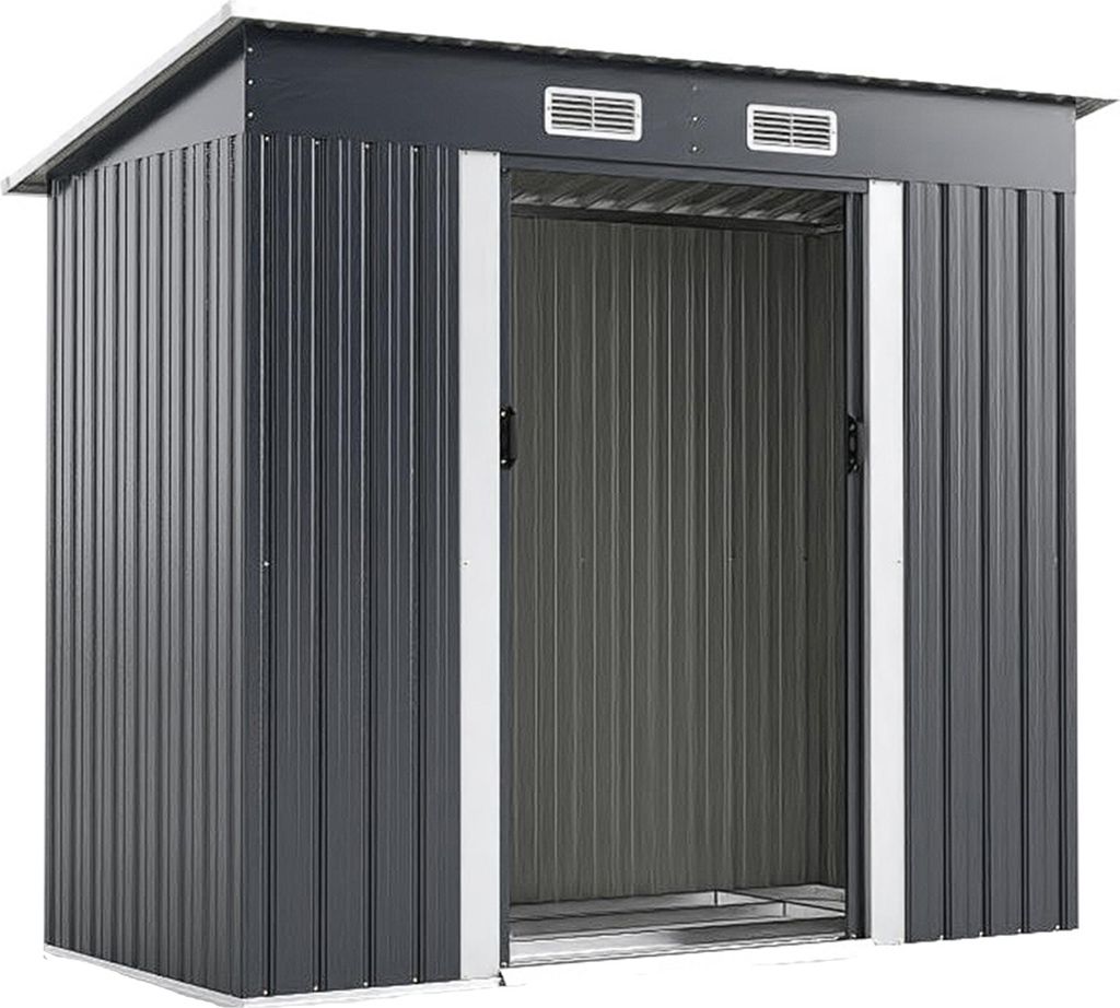 GOPLUS Geräteschuppen 2 m2, 3,71 m³, Gartenhaus Metall, Gerätehaus mit Satteldach, Schiebetüren & Luftventile, Gartenschuppen Türgröße: 90x...